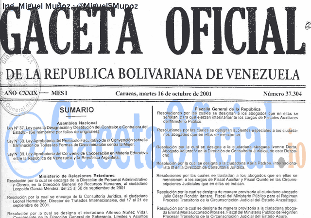 Gaceta Oficial 37304 del 16 Octubre 2001