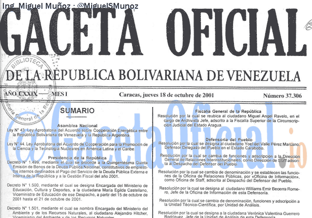 Gaceta Oficial 37306 del 18 Octubre 2001