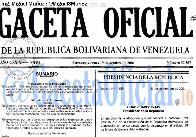 Gaceta Oficial 37307 del 19 Octubre 2001
