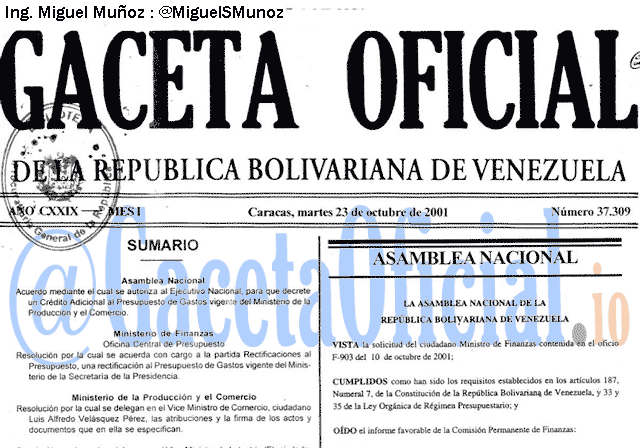 Gaceta Oficial 37309 del 23 Octubre 2001