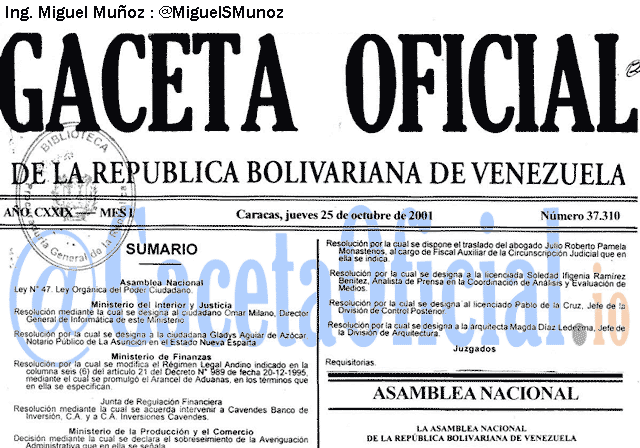 Gaceta Oficial 37310 del 25 Octubre 2001