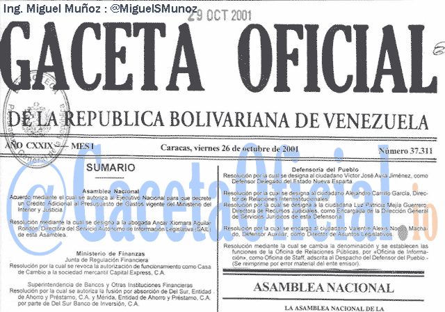 Gaceta Oficial 37311 del 26 Octubre 2001