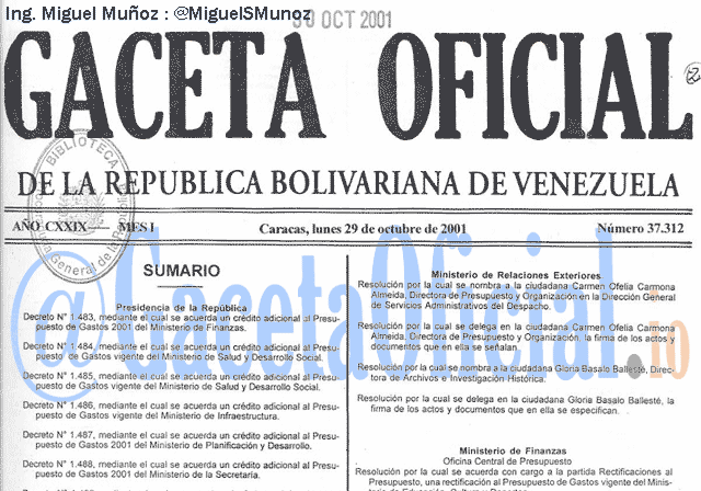 Gaceta Oficial 37312 del 29 Octubre 2001