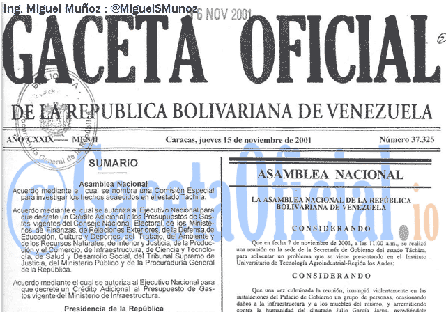 Gaceta Oficial 37325 del 15 Noviembre 2001