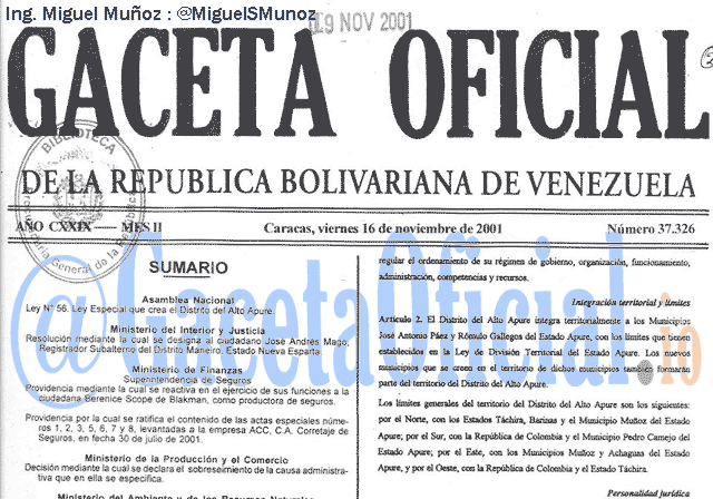 Gaceta Oficial 37326 del 16 Noviembre 2001