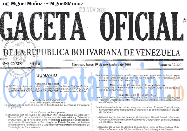 Gaceta Oficial 37327 del 19 Noviembre 2001