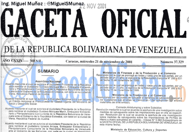 Gaceta Oficial 37329 del 21 Noviembre 2001