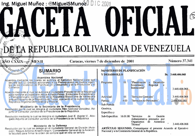 Gaceta Oficial 37341 del 7 Diciembre 2001
