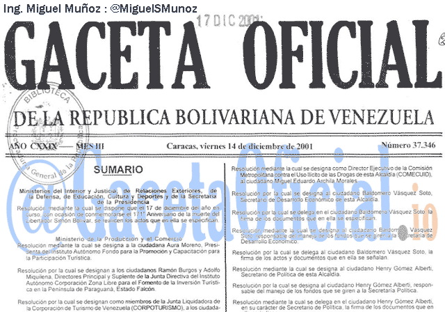 Gaceta Oficial 37346 del 14 Diciembre 2001