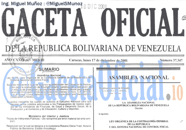 Gaceta Oficial 37347 del 17 Diciembre 2001