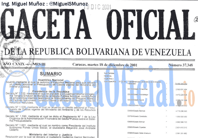 Gaceta Oficial 37348 del 18 Diciembre 2001