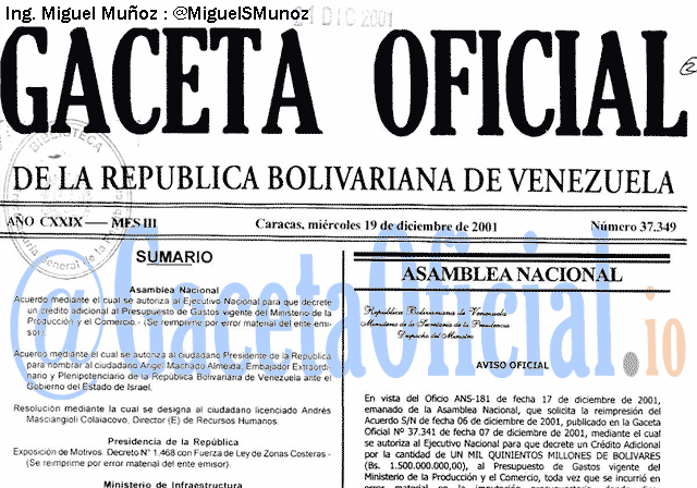 Gaceta Oficial 37349 del 19 Diciembre 2001