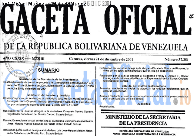 Gaceta Oficial 37351 del 21 Diciembre 2001