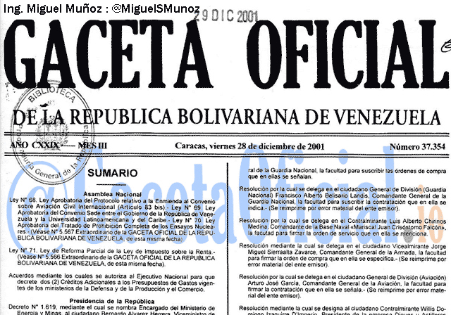 Gaceta Oficial 37354 del 28 Diciembre 2001