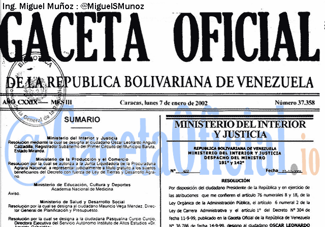 Gaceta Oficial 37358 del 7 Enero 2002