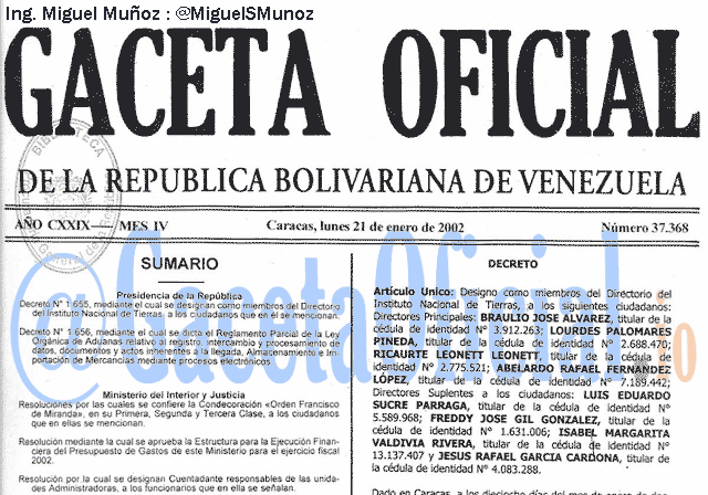 Gaceta Oficial 37368 del 21 Enero 2002