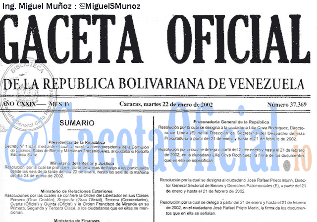 Gaceta Oficial 37369 del 22 Enero 2002