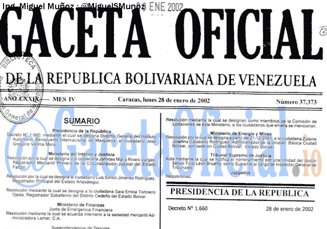 Gaceta Oficial 37373 del 28 Enero 2002
