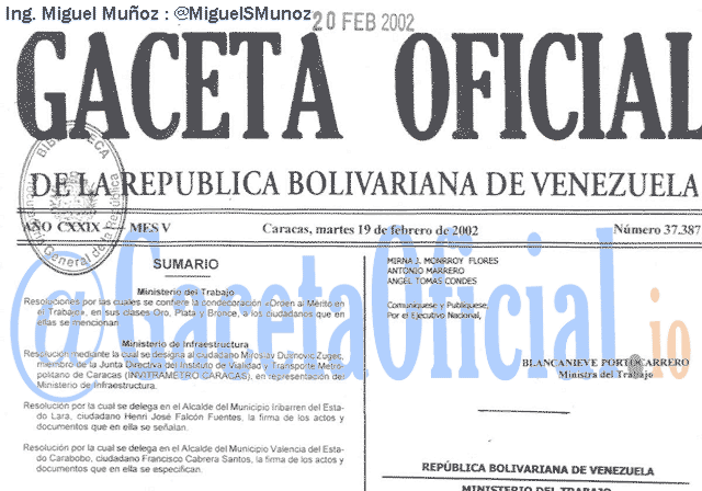 Gaceta Oficial 37387 del 19 Febrero 2002