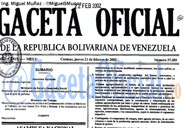 Gaceta Oficial 37389 del 21 Febrero 2002