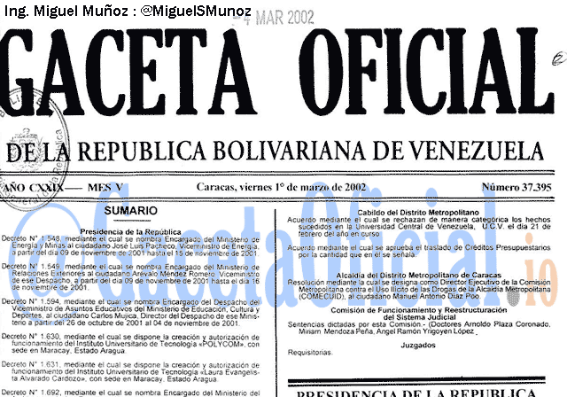 Gaceta Oficial 37395 del 1 Marzo 2002