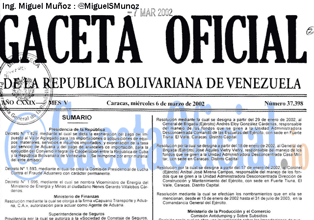 Gaceta Oficial 37398 del 6 Marzo 2002