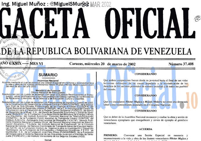 Gaceta Oficial 37408 del 20 Marzo 2002