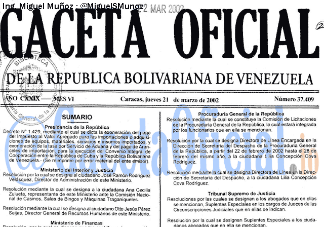 Gaceta Oficial 37409 del 21 Marzo 2002