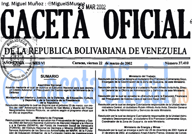 Gaceta Oficial 37410 del 22 Marzo 2002