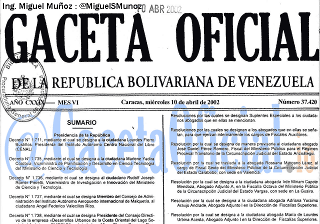 Gaceta Oficial 37420 del 10 Abril 2002