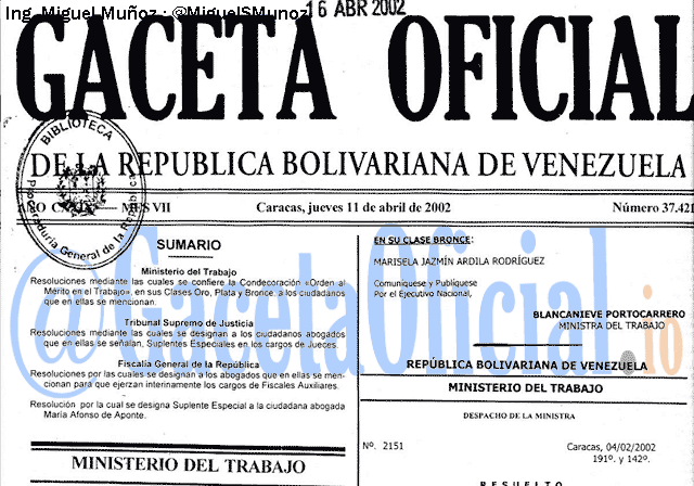 Gaceta Oficial 37421 del 11 Abril 2002