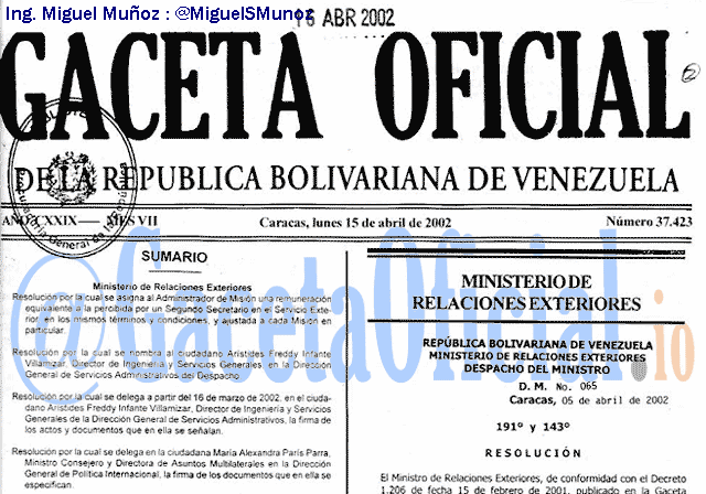 Gaceta Oficial 37423 del 15 Abril 2002