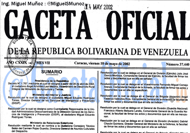 Gaceta Oficial 37440 del 10 Mayo 2002