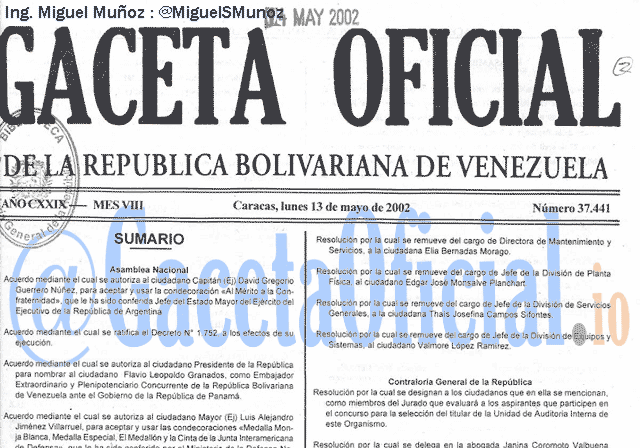 Gaceta Oficial 37441 del 13 Mayo 2002