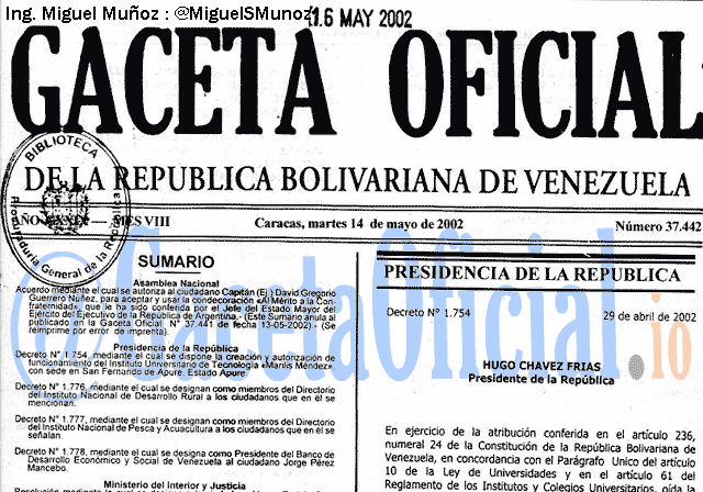 Gaceta Oficial 37442 del 14 Mayo 2002