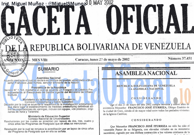 Gaceta Oficial 37451 del 27 Mayo 2002