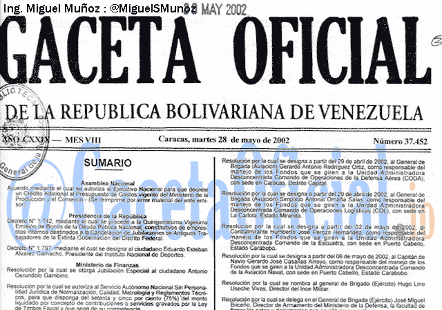 Gaceta Oficial 37452 del 28 Mayo 2002