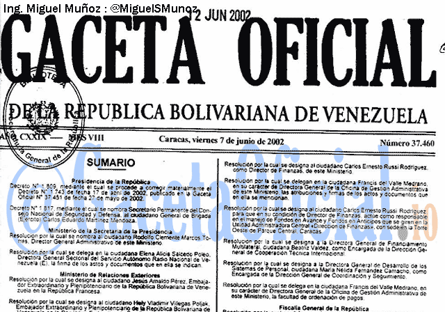 Gaceta Oficial 37460 del 7 Junio 2002