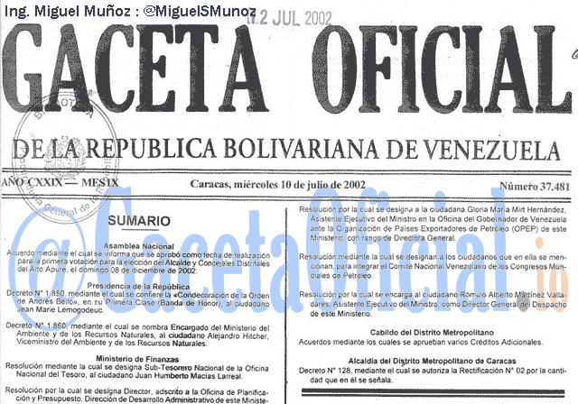 Gaceta Oficial 37481 del 10 Julio 2002