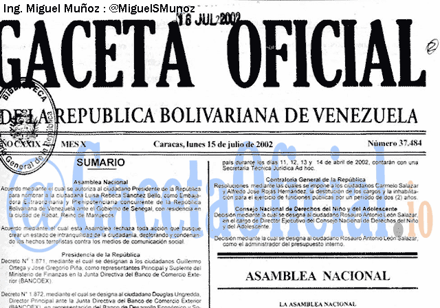 Gaceta Oficial 37484 del 15 Julio 2002