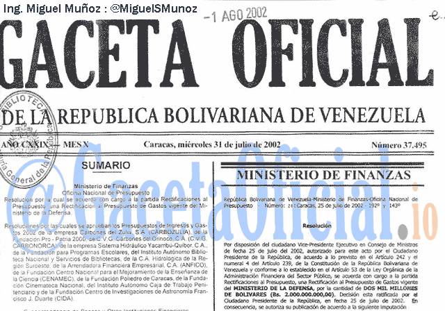 Gaceta Oficial 37495 del 31 Julio 2002