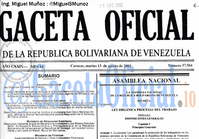 Gaceta Oficial 37504 del 13 Agosto 2002
