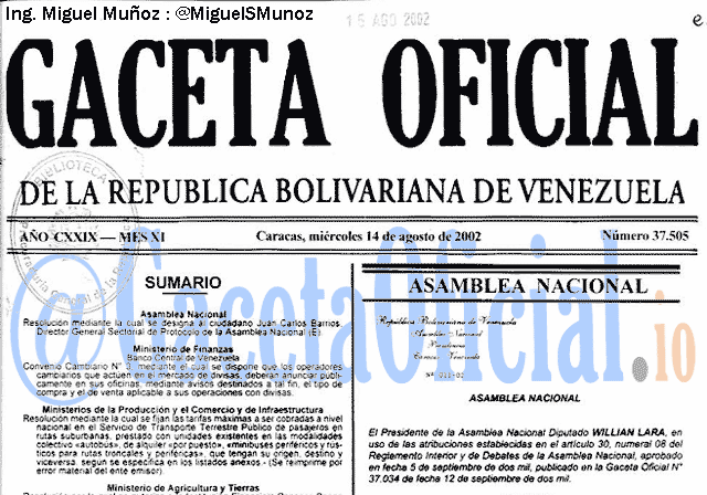 Gaceta Oficial 37505 del 14 Agosto 2002