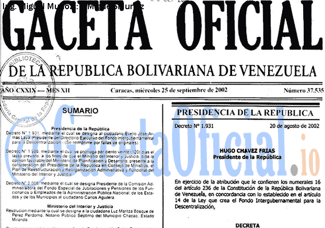 Gaceta Oficial 37535 del 25 Septiembre 2002