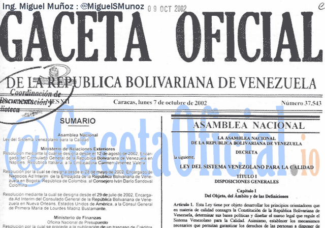 Gaceta Oficial 37543 del 7 Octubre 2002