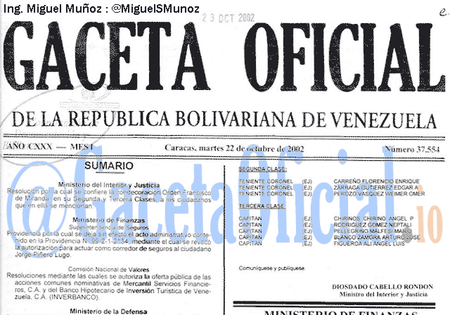 Gaceta Oficial 37554 del 22 Octubre 2002