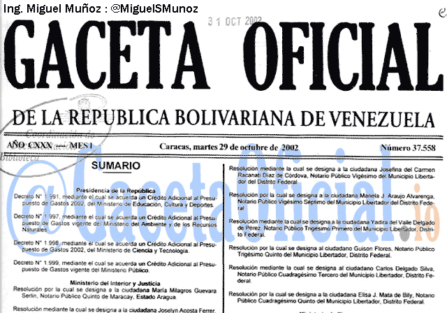 Gaceta Oficial 37558 del 29 Octubre 2002