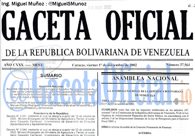 Gaceta Oficial 37561 del 1 Noviembre 2002