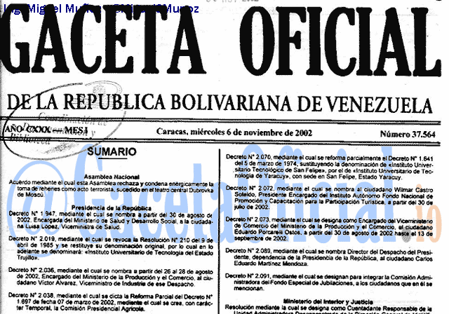 Gaceta Oficial 37564 del 6 Noviembre 2002