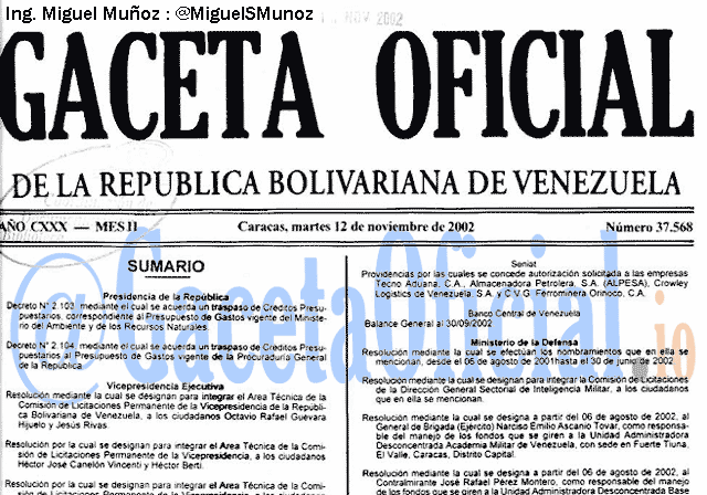 Gaceta Oficial 37568 del 12 Noviembre 2002